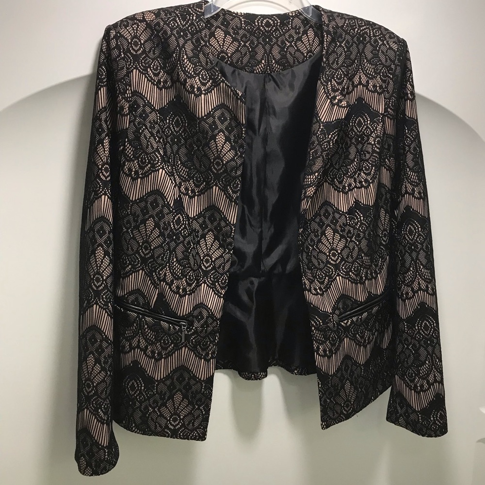 Blazer, dressy, black lace over beige